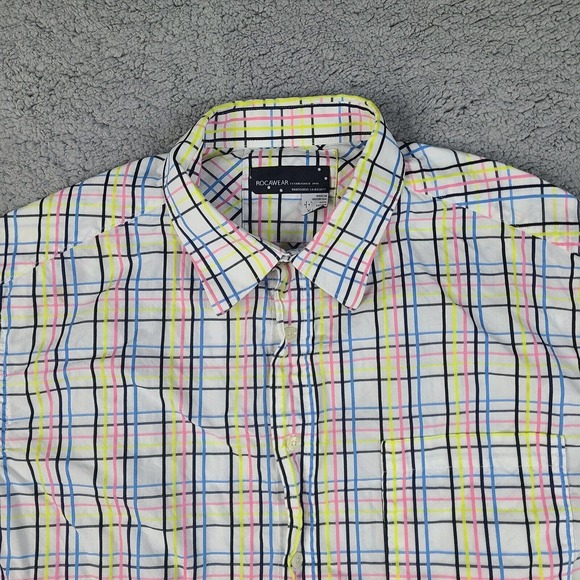 Rocawear Shirt Men's XL White Colorful Plaid Button Down Long Sleeve - Picture 2 of 11